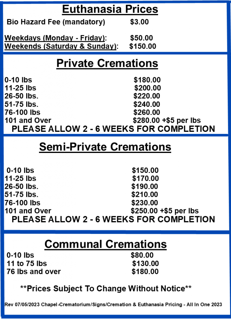 Cremation & Euthanasia Pricing – All In One 2023