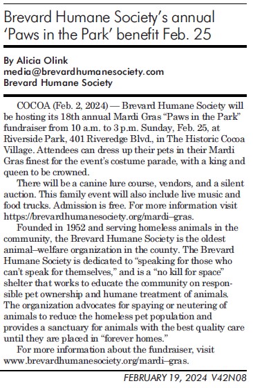 Brevard Humane Society’s annual ‘Paws in the Park’ benefit Feb. 25